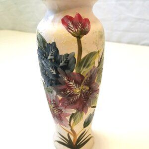 Artisan Hand Painted Floral Pottery Vase 8” - Vibrant Clematis - Terracotta Rim
